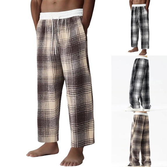 GaThRRgYP Fleece Jogger Pant,Men's Casual Fashion Brushed Warmth Home Pocket Check Elastic Waist Long Pants Black XXL