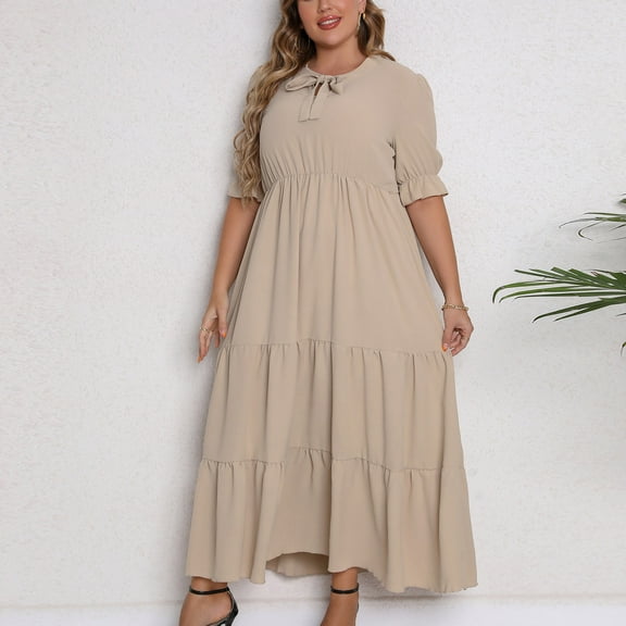 Black*Friday Discounted Items under $5 GaThRRgYP Summer Dresses for Women 2025,Women's Fashion Sexy Summer Round -Neck Solid Color Short Sleeve Bow Plus Size Dress