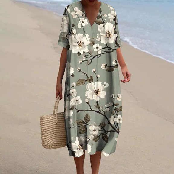 GaThRRgYP Sundresses for Women,Womens Summer Pockets Printing Dresses Loose V-Neck Short Sleeve Dresses Mint Green XXXXL