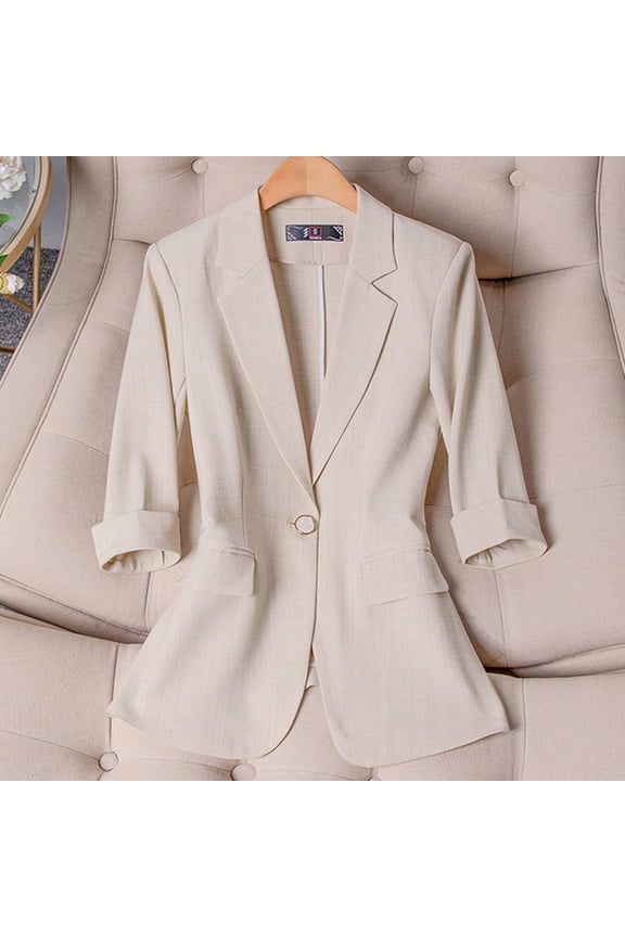 Rollbacks & More GaThRRgYP Winter Clothing for Women,Women's Fashion Casual Solid Color Pocket Turndown Collar 3/4 Sleeve Blouse Blazer Beige M