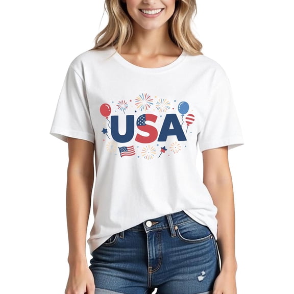 GaThRRgYP Women Blouses Summer Short Sleeve Tops,Women's Independence Day Printed Short Sleeved T-shirt White XL