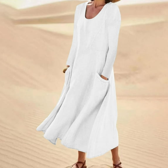 GaThRRgYP Women's Casual Tunic Short Sleeve Dress,Women's Fashion Long Sleeve Color Cotton Linen Round Neck Pocket Dress
