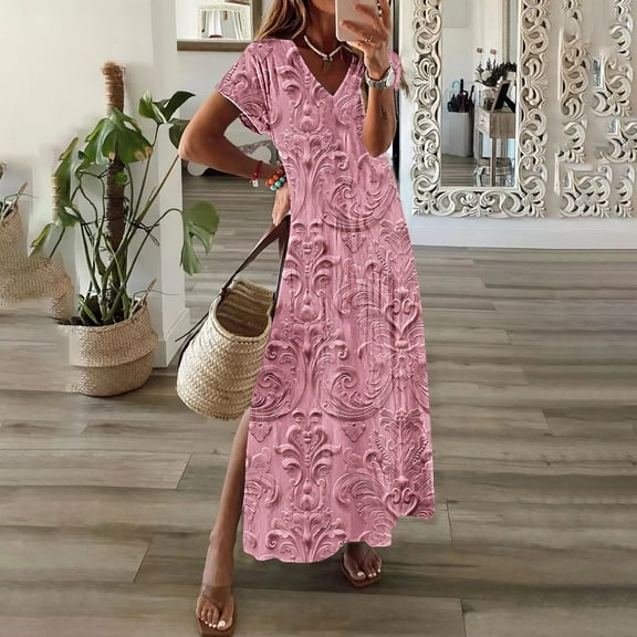 Rollbacks & More GaThRRgYP Women's Plus Size Maxi Dress,Womens Spring and Summer V-Neck Solid Casual Short Sleeved Long Dress Pink S