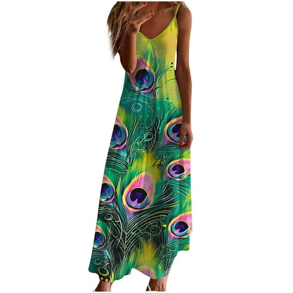GaThRRgYP Women's Printed Maxi Boho Short Sleeve Dress,Summer Dresses for Women Print Sleeveless Round Neck Dress Casual Dresses