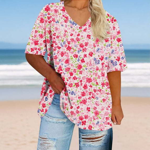 Rollbacks & More GaThRRgYP Women's Printed Short Sleeve Top,Women's Oversized V-neck Short Sleeved Solid Summer Base Shirt Sports T-shirt Pink XXL