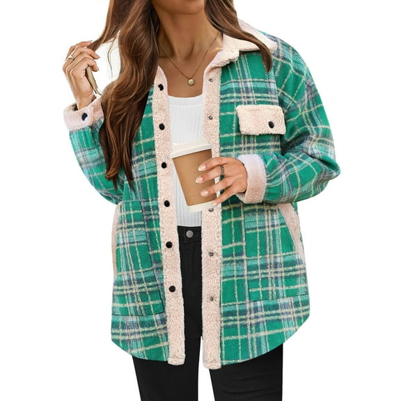 Rollbacks & More GaThRRgYP Womens Jackets Lightweight,Womens Fashion Flannel Plaid Shirts Pockets Long Sleeve Outwear Coat Green XL