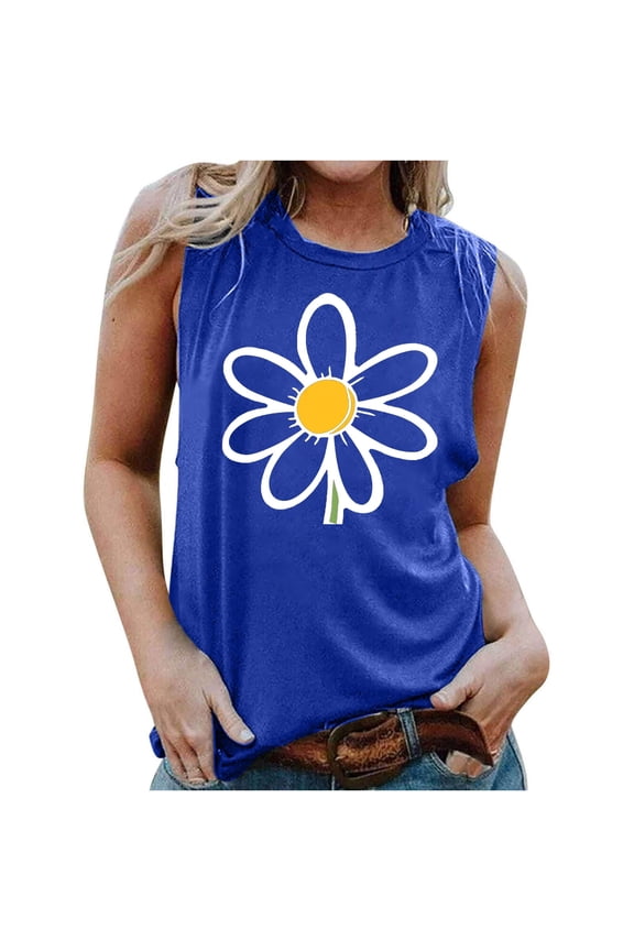 Black*Friday Discounted Items under $5 GaThRRgYP Womens Plus Size$5,Women's Fashion Casual Printed Sleeveless Blouse Round Neck Sexy Slim Pullover Blue S