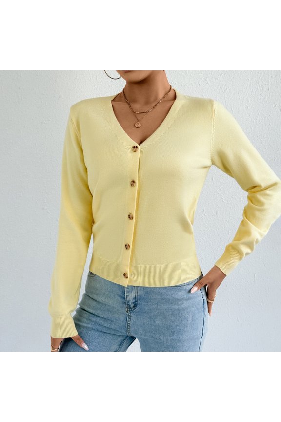 Rollbacks & More GaThRRgYP Womens Sweaters Fall,Women's Solid Color V-neck Knitted Sweater Button Up Cardigan Top Yellow M