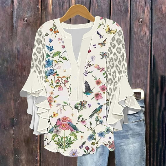GaThRRgYP Womens tops V Neck Short Sleeve,Women's New 3/4 Lace Sleeve V-neck Button Casual Print Loose Top Multicolor S