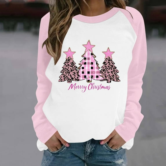 Rollbacks & More LEAVINGSUO Plus Size Sweatshirts for Women,Women's Casual Christmas Printed Long-sleeved Round-neck Raglan Sweater Pink XL