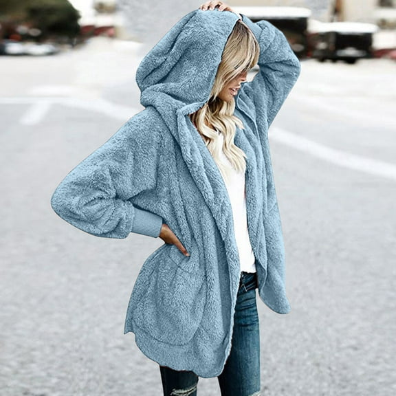 Rollbacks & More GaThRRgYP Womens Jackets and Coats,Women's Oversized Open Front Hooded Draped Pockets Cardigan Coat Sky Blue S