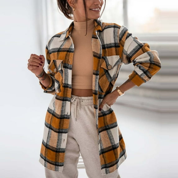 Rollbacks & More LEBONYARD Clearance Coats for Women,Fashion Women's Casual Lattice Printed Buttons Long Sleeve Tunic Blouse Shirt Coffee M