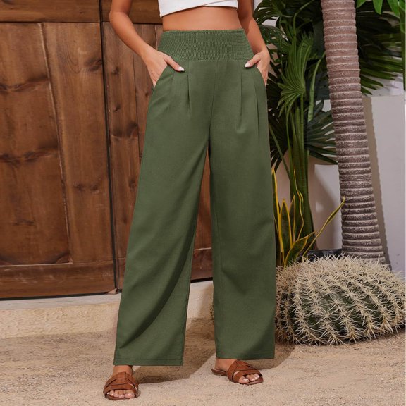 Rollbacks & More LEBONYARD High Waisted Flowy Wide Leg Pants for Women,Women's Casual Fashion Elastic-waist Pants Loose Casual Pants Army Green M