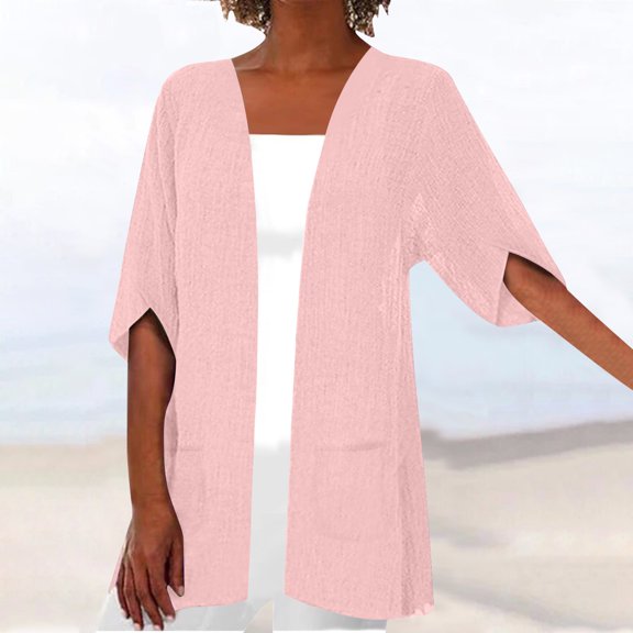 Rollbacks & More LEBONYARD Open Front Cardigans for Women,Women's Casual Cotton and Linen Medium Sleeved Pocket Cardigan T-Shirt Top Pink M