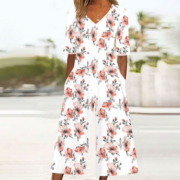 Rollbacks & More LEBONYARD Pants for Women 2025,Women Summer Floral Print Casual Short Sleeved V-neck Back Zipper Side Pocket Jumpsuit Pants White XL
