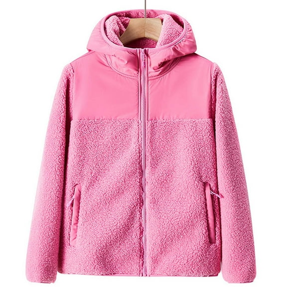 Rollbacks & More LEBONYARD Womens Outwear Clearance,Ladies Dehi Fleece + Lamb Fleece Thickened Warm Hooded Fleece Jacket Pink M