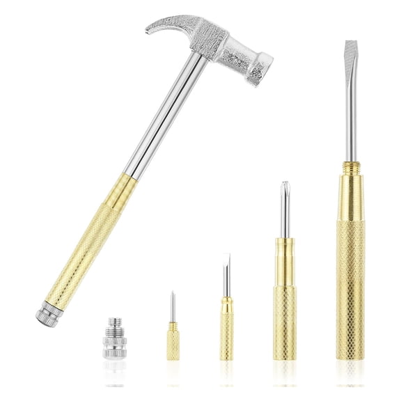 Rollbacks & More Mini Hammer 6 in 1 Small Brass Screwdriver with Hammers Hand Tools for Picture Hanging
