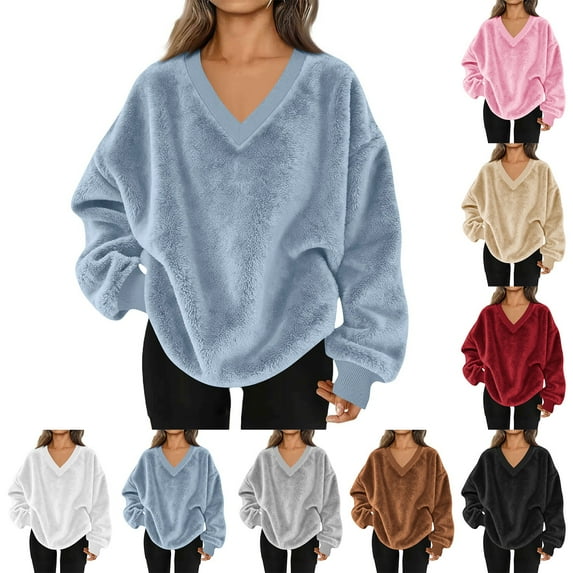 Rollbacks & More Omexry Long Sleeve Top for Woman Crewneck T-Shirts,Women's V-neck Solid-color Fleece Long-sleeve Top Blue S