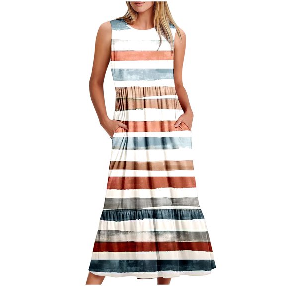 Rollbacks & More Viikei Dresses for Women,Ladies' Round Neck Sleeveless Mid Calf Double Pocket Printed Dress Multicolor XXL