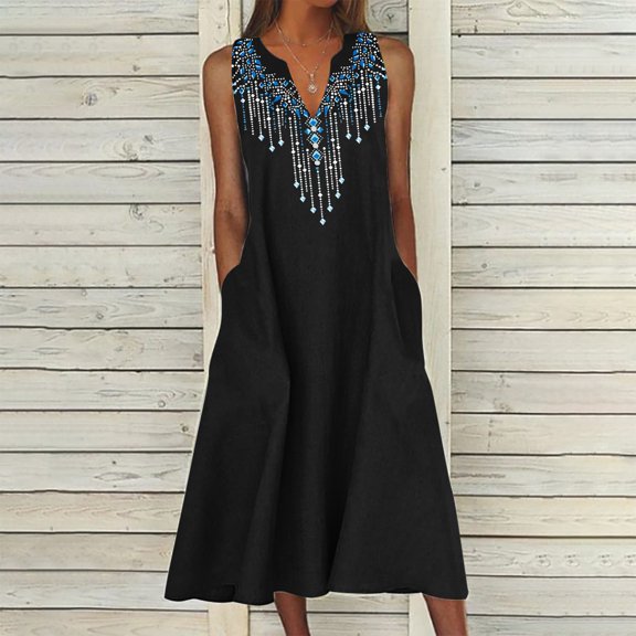 Rollbacks & More Viikei Dresses for Women,New Women's V-neck Button Button Sleeveless Printed Long Dress Black S