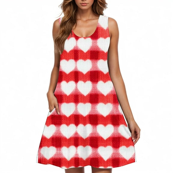 Rollbacks & More Viikei Dresses for Women,Women's Spring/summer Casual Sleeveless Crew-neck Valentine's Day Print Dress Red XXL
