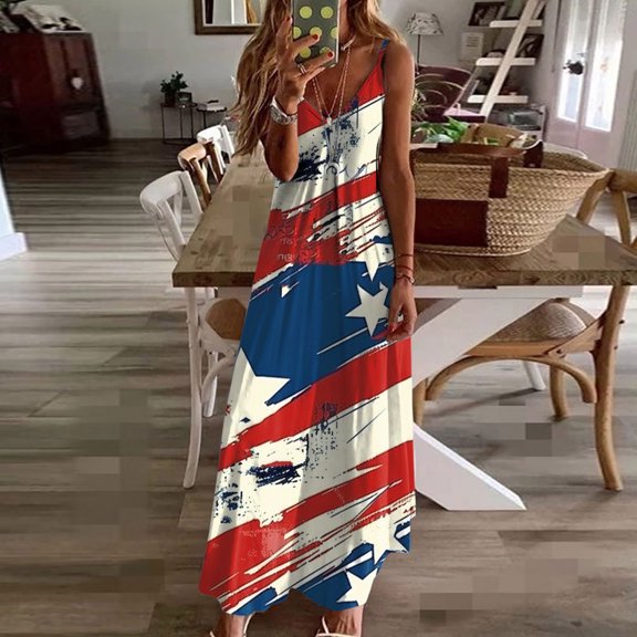 Rollbacks & More Viikei Dresses for Women,Women's Summer Print Casual Loose Sleevless V-Neck Dress Blue XXXL