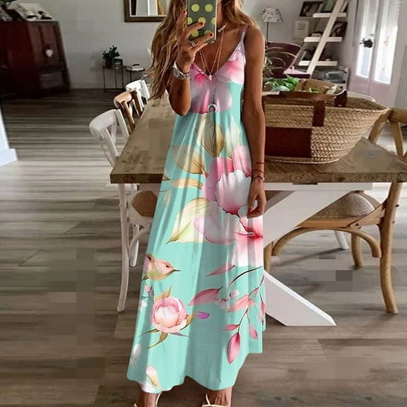 Rollbacks & More Viikei Dresses for Women,Women's Summer Print Casual Loose Sleevless V-Neck Dress Light Blue M