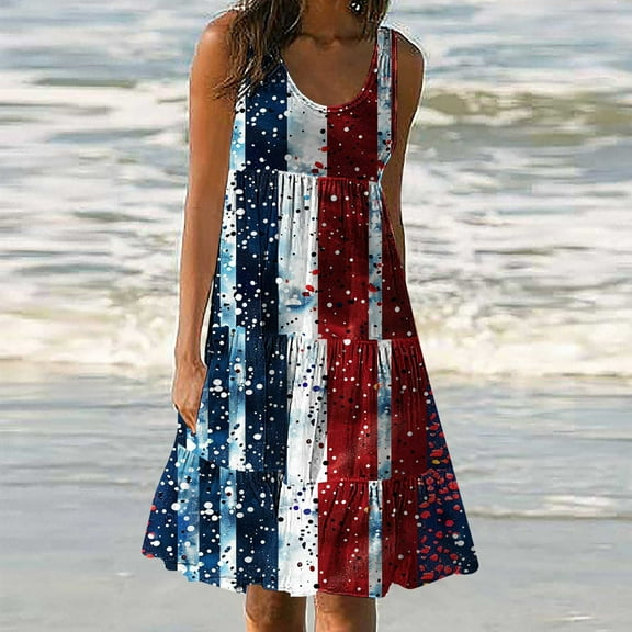Rollbacks & More Viikei Dresses for Women,Womens Fashion Holiday Summer Casual Printing Sleeveless Party Beach Loose Dress Blue S