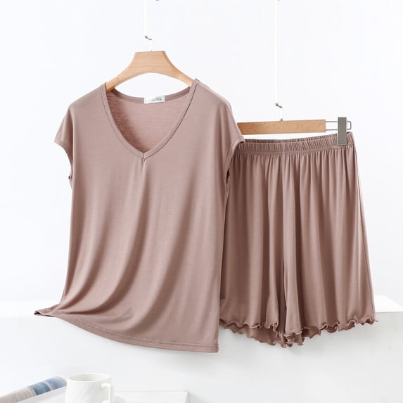 Rollbacks & More Viikei Lounge Set Womens 2 Piece Outfits,Women' Casual Loose Sleeveless V-Neck Blouses Shorts Set Coffee M