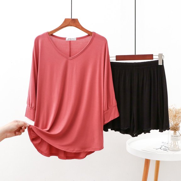 Rollbacks & More Viikei Lounge Set Womens 2 Piece Outfits,Women' Casual Loose V-neck Sleeved Lace Shorts Pajama Set Watermelon Red L