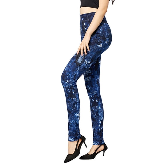Rollbacks & More Viikei Plus Size Pants Clearance,Women's Fashion Elastic Imitation Denim Print Leggings with Yoga Sport Elastic Pants Blue XL