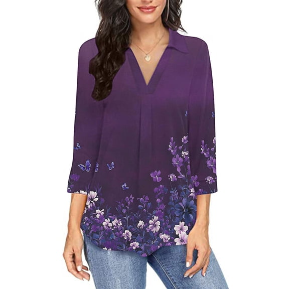 Rollbacks & More Viikei Plus Size Tunic Tops for Women Clothes,Fashion Women V-Neck Three Quarter 3/4Sleeve T-Shirt Printed Blouse Purple S