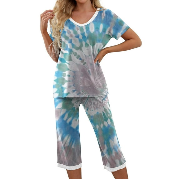 Rollbacks & More Viikei Short Sets for Women,Women-neck Short Sleeved Pajamas and Pants Set Casual Pajamas with Pockets Multicolor M