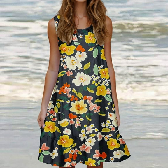 Rollbacks & More Viikei Stylish Off-Shoulder Tiered Sleeveless Dress,Women's Fashion Holiday Summer Solid Color Sleeveless Party Beach Dress Yellow M