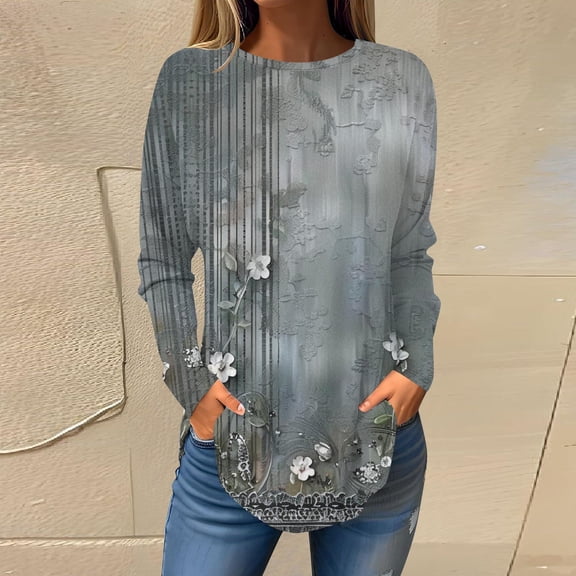 Rollbacks & More Viikei Summer Tops for Women Plus Size,Women's Long-sleeved Crew-neck Drop Shoulder Casual Printed Gray XXL
