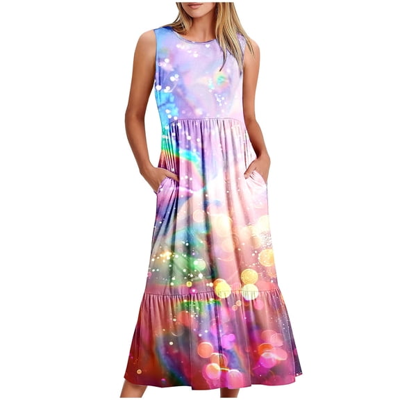 Rollbacks & More Viikei Women's Beach Short Sleeve Dress,Ladies' Round Neck Sleeveless Mid Calf Double Pocket Printed Dress Multicolor M