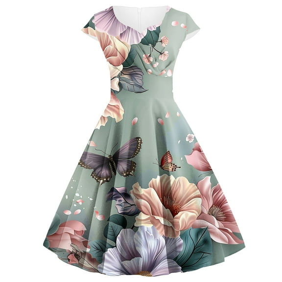 Viikei Midi Short Sleeve Dress,Ladies' Style Slim Printed Short Sleeved Round Neck Dress Multicolor M