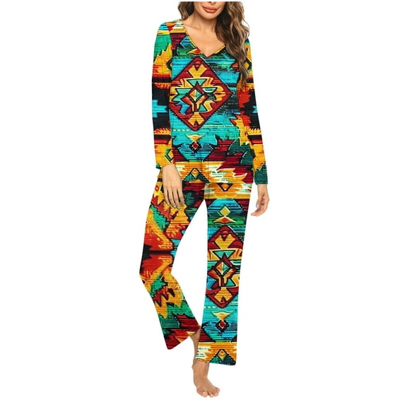 Rollbacks & More Viikei Women's Summer 2 Piece Outfits Lounge Sets,Ladies' Christmas Printed V-neck Casual Long Top Pants Pajama Set Red S