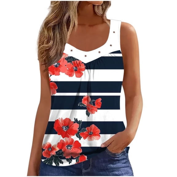 Rollbacks & More Viikei Womens Clothes Tops,Women's Fashion T-shirt Sleeveless Blouse Casual Loose Printed Elasticity Comfortable Top Navy S