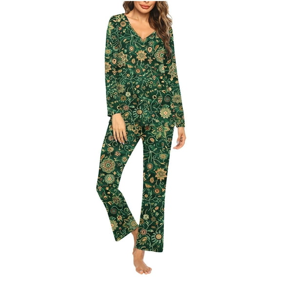 Rollbacks & More Viikei Womens Sets 2 Piece Outfits Lounge,Ladies' Christmas Printed V-neck Casual Long Top Pants Pajama Set Green S