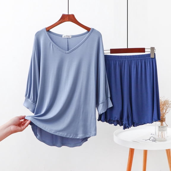 Rollbacks & More Viikei Womens Sets 2 Piece Outfits Lounge,Women' Casual Loose V-neck Sleeved Lace Shorts Pajama Set Blue L