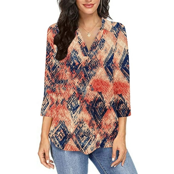 Rollbacks & More Viikei Womens tops V Neck,Fashion Women V-Neck Three Quarter 3/4Sleeve T-Shirt Printed Blouse Rose Gold XXL