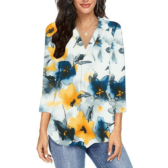 Rollbacks & More Viikei Womens tops V Neck Plus,Fashion Women V-Neck Three Quarter 3/4Sleeve T-Shirt Printed Blouse Yellow L