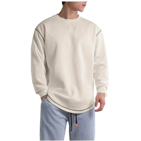 Summer Tops for Men LEBONYARD Mens Tops on sale,Men's Fashion Casual Pullover Solid Color Long Sleeve Round-Neck Blouses Beige XXL