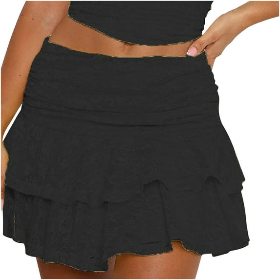 Ndbuld Women's Pleated Mini Skirt Women's Solid Color Multi-layer Cake Lace Stacked Short Skirt Spicy Girl Solid Color Sexy Lace Half Skirt,Black,L