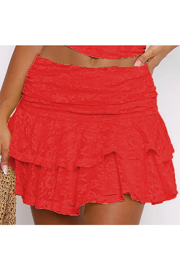 Women's Pleated Mini Skirt Women's Solid Color Multi-layer Cake Lace Stacked Short Skirt Spicy Girl Solid Color Sexy Lace Half Skirt,Red,S