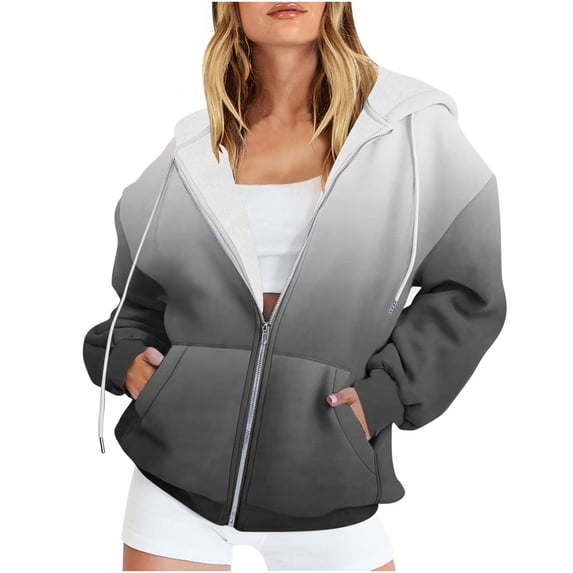 Fashion Olyvenn Women Gradient Color Long Sleeve Zip Up Fuzzy Fleece Hoodie Sweatshirt Outwear Jacket with Pockets Black 8