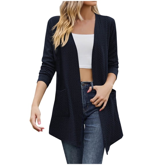 Fashion Olyvenn Women's Open Front Long Sleeve Lightweight Textured Knitted Cardigan Sweater with Pockets Navy 4