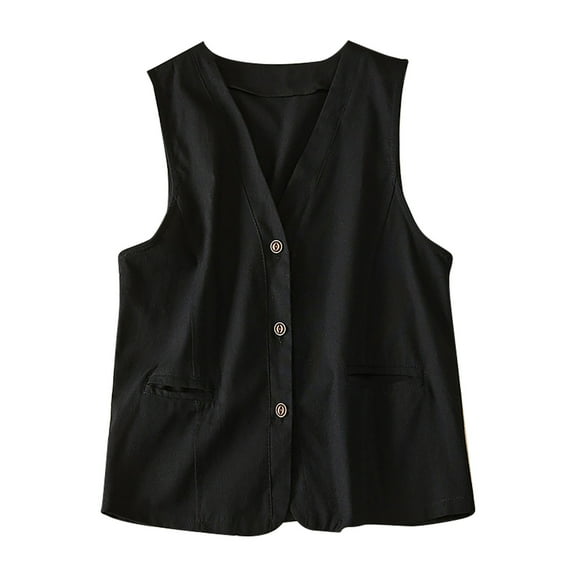 Fashion Olyvenn Women's V-Neck Sleeveless Waistcoat Solid Color Loose Fit Office Work Vest with Pockets Black 8