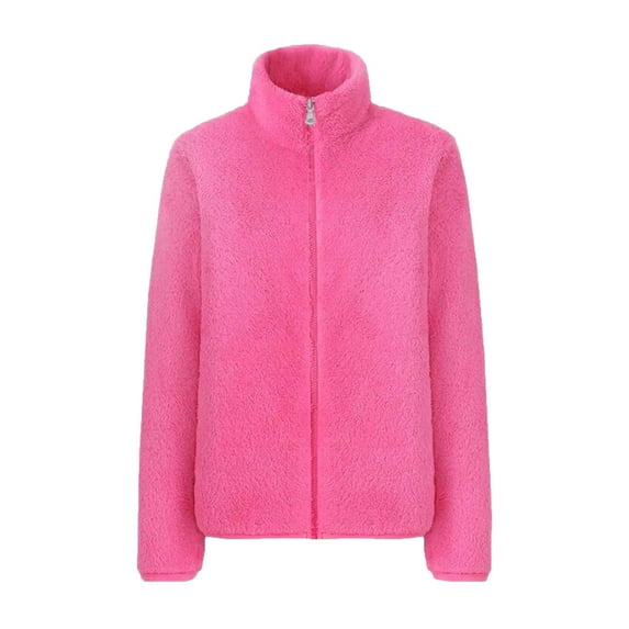 Fashion Olyvenn Women's Winter Warm Fuzzy Fleece Zip Up Outwear Stand Collar Fluffy Soft Plush Coat Thickening Oversized Black Jacket Pockets Hot Pink 8